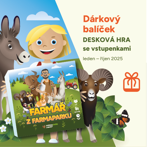 Dárkový balíček Farmapark<br>Rodinná jednodenní vstupenka s deskovou hrou FARMÁŘ z FARMAPARKU<br>Leden - Říjen 2025