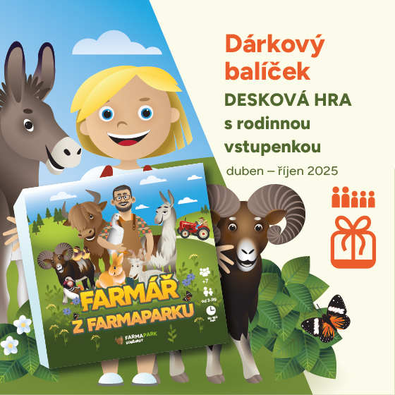 Dárkový balíček Farmapark<br>Rodinná jednodenní vstupenka s deskovou hrou FARMÁŘ z FARMAPARKU<br>Duben - Říjen 2025